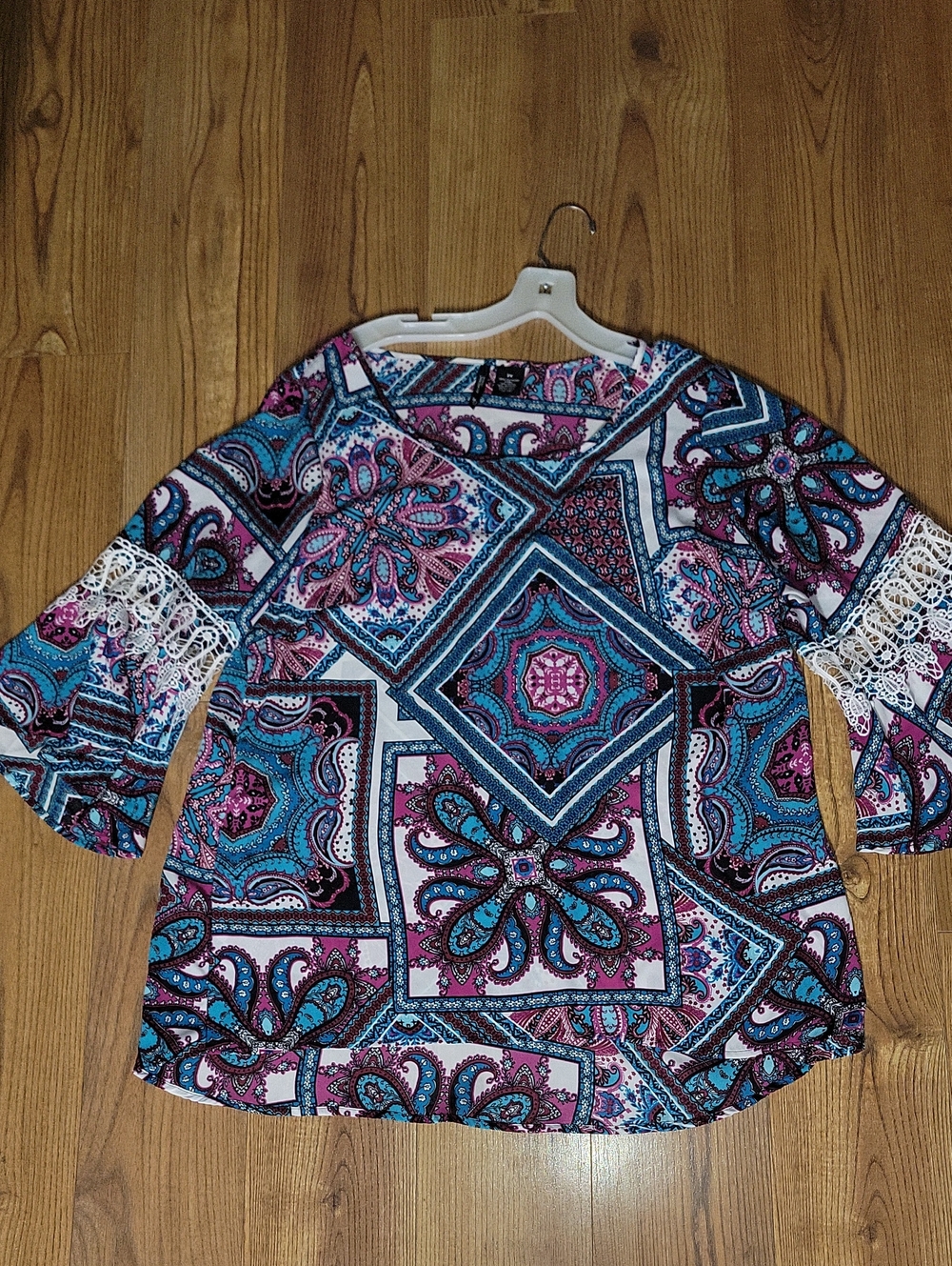 new directions Purple Multi Paisley Crochet-Sleeve Tunic